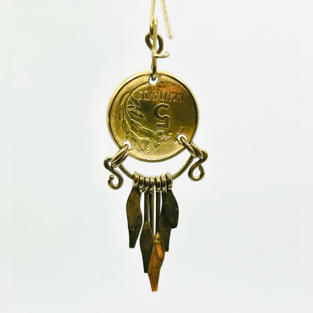 Vintage Boho Festival Brass Tribal Dangle Peruvian Coin Gypsy Fairycore Earrings